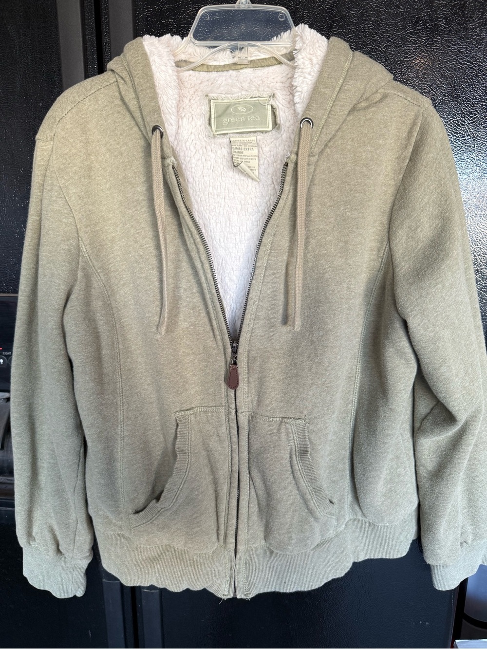 GreenTea Sherpa-Lined Zip Hoodie in Olive and Cream